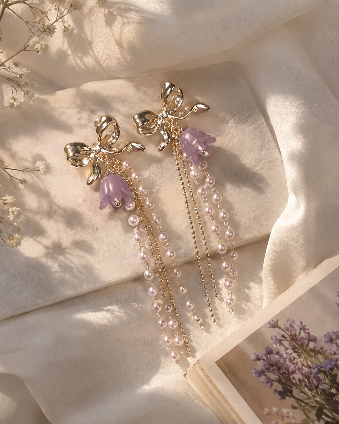 Lavender Pearl Tassel Earrings