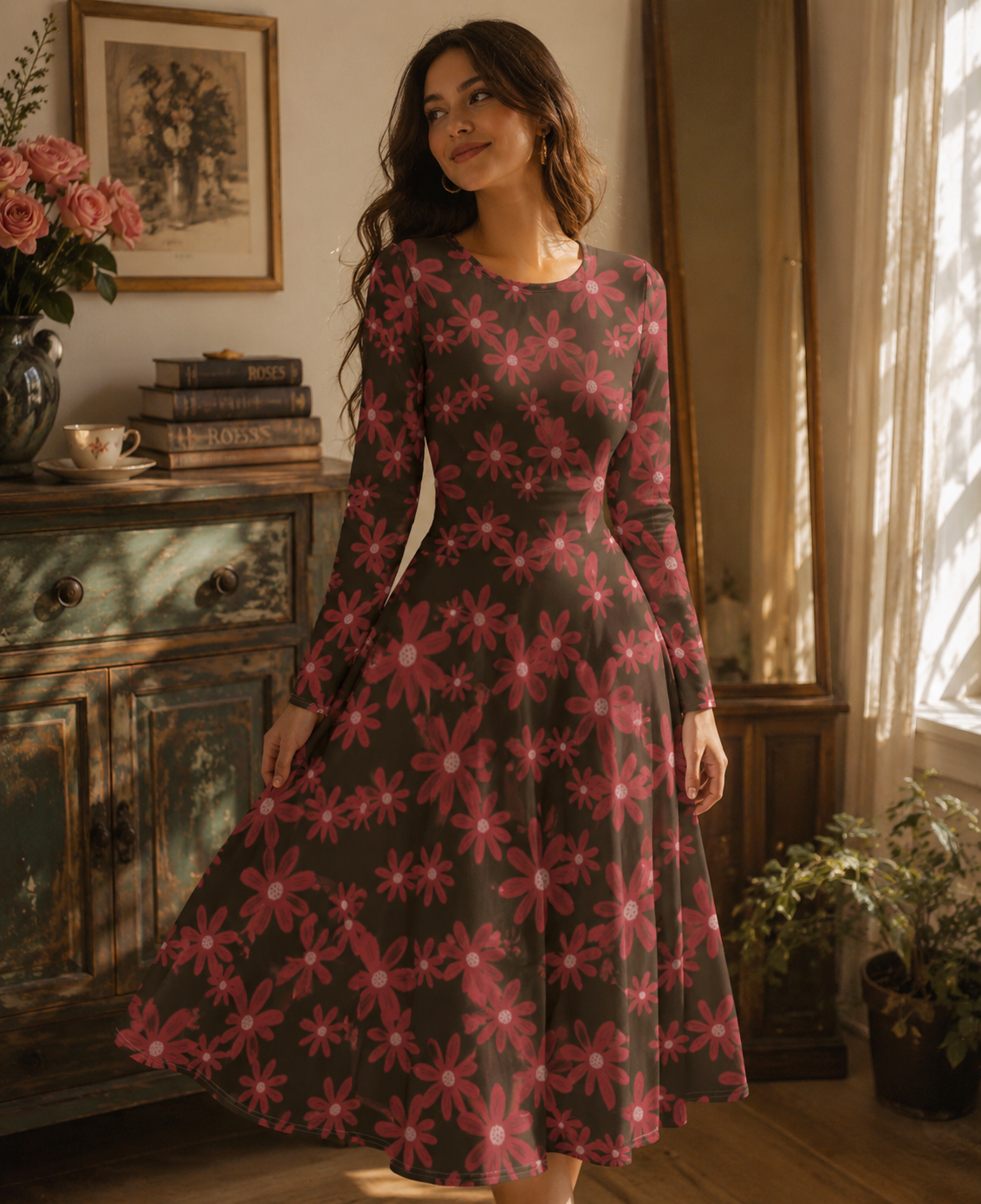 All-over print long sleeve midi dress