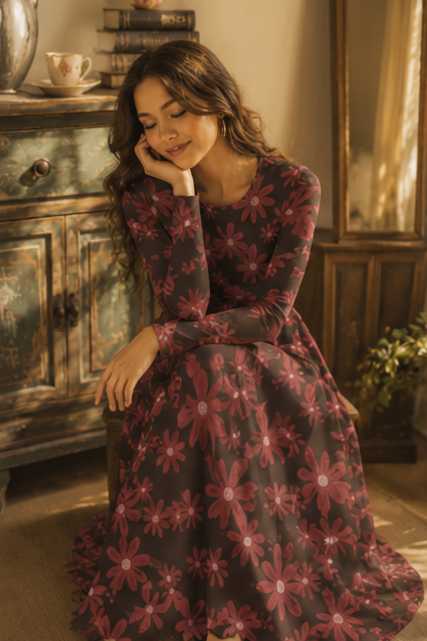 All-over print long sleeve midi dress