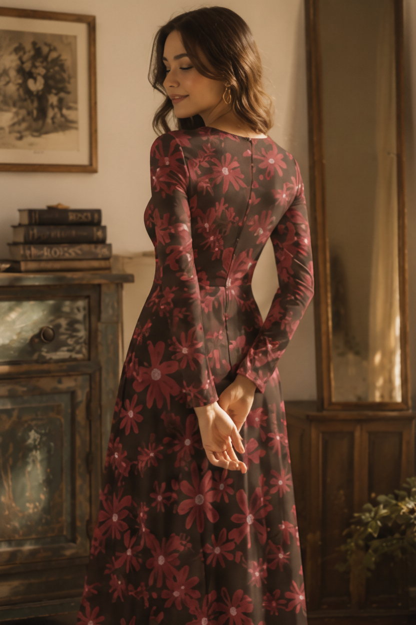 All-over print long sleeve midi dress
