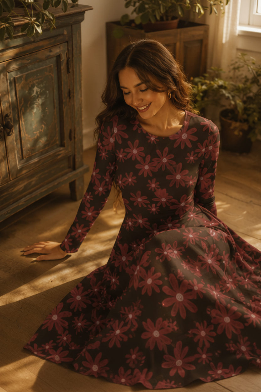 All-over print long sleeve midi dress