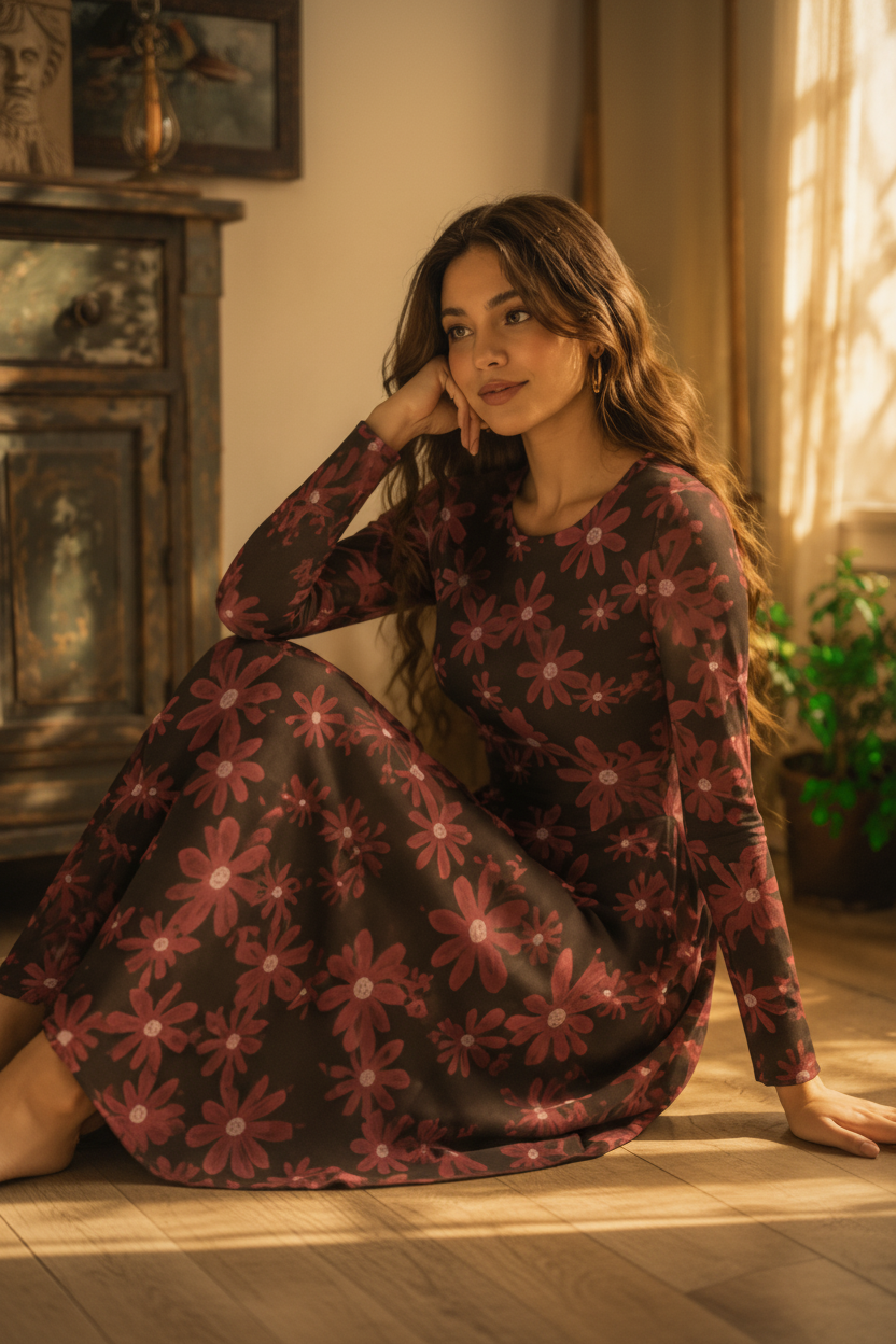 All-over print long sleeve midi dress